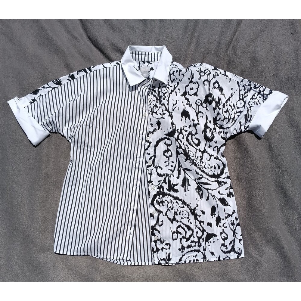Chico’s Size 1 Cuffed Sleeve Black & White Floral & Stripe Button‑Up Collared To